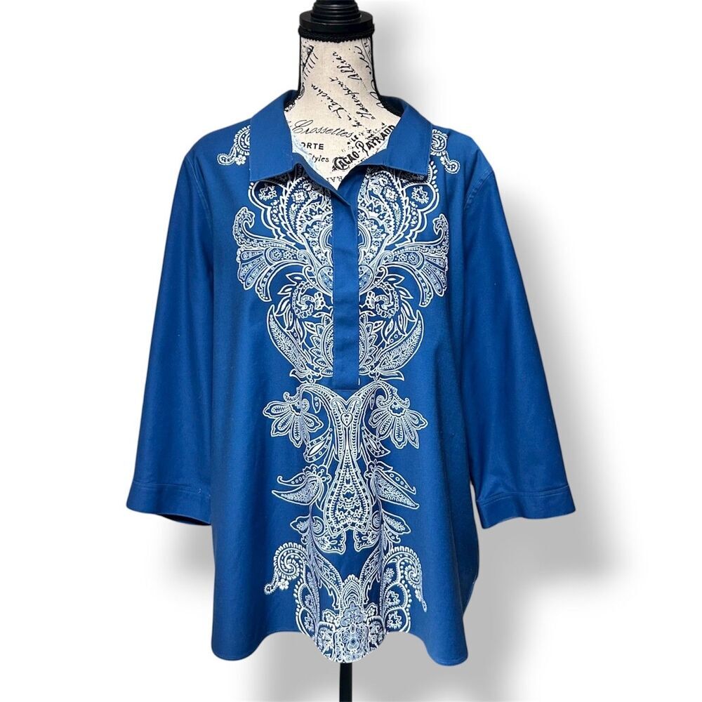 Chico’s‎ Blue White Paisley No Iron Stretch 3/4 Sleeve Tunic Top Seaport 3 Sz XL